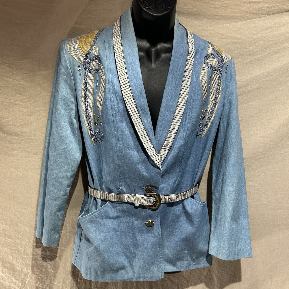 Vintage City Girl Petites Denim Blazer Jacket Size 8 Womens 80s Beaded Belt USA